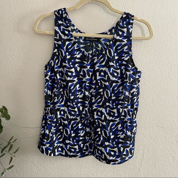 Banana Republic Tops - Banana Republic Cinched Tie Waist Tank Top Sleeveless Blue Printed Blouse XSP